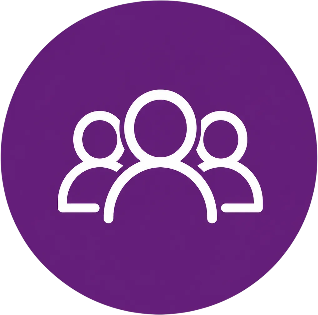 Three white people icons on a purple circular background