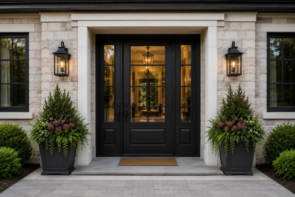 Black double doors with glass panels, flanked by lanterns and planters on a stone façade
