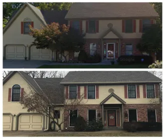 Two exterior photos of a traditional two-story suburban house