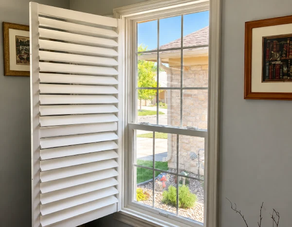 White louvered shutter open on a window showing a stone house and green yard