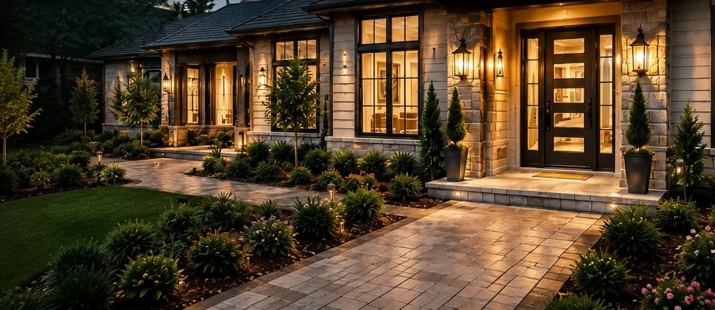 Elegant home exterior at dusk with stone siding, large windows, illuminated walkway and landscaping